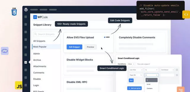 WPCode позволяет легко и безопасно добавлять пользовательские функции WordPress с помощью фрагментов кода,
поэтому вы можете сократить количество плагинов на своем сайте.